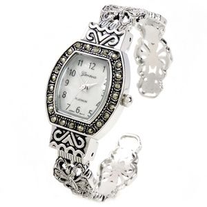 Silver Black Vintage Style Marcasite Bangle Watch
